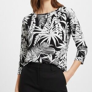 Talbots Petite Small Tee Black White Leaf Print Cotton Blend Long Sleeve Shirt